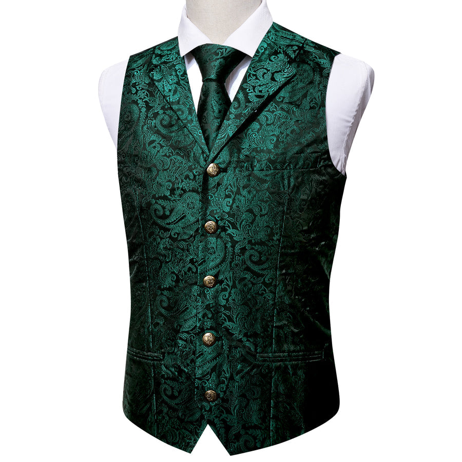 Dark Green Paisley Silk with Metal Buttons Vest Set - GentCrest - View 7