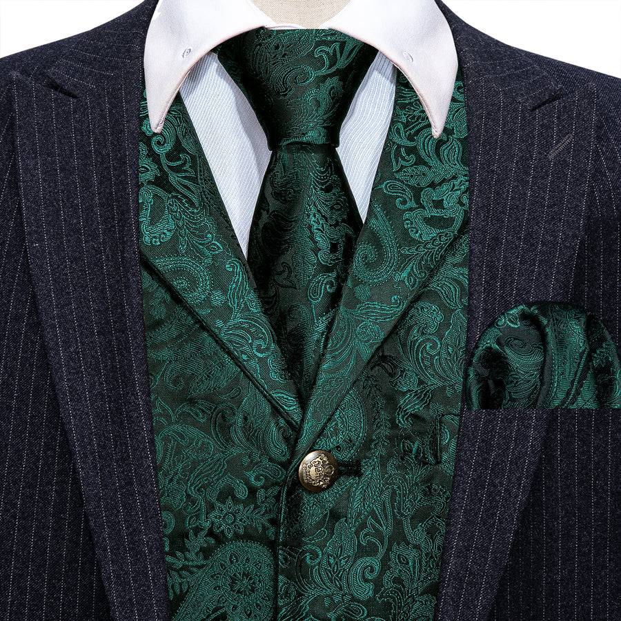 Dark Green Paisley Silk with Metal Buttons Vest Set - GentCrest - View 2