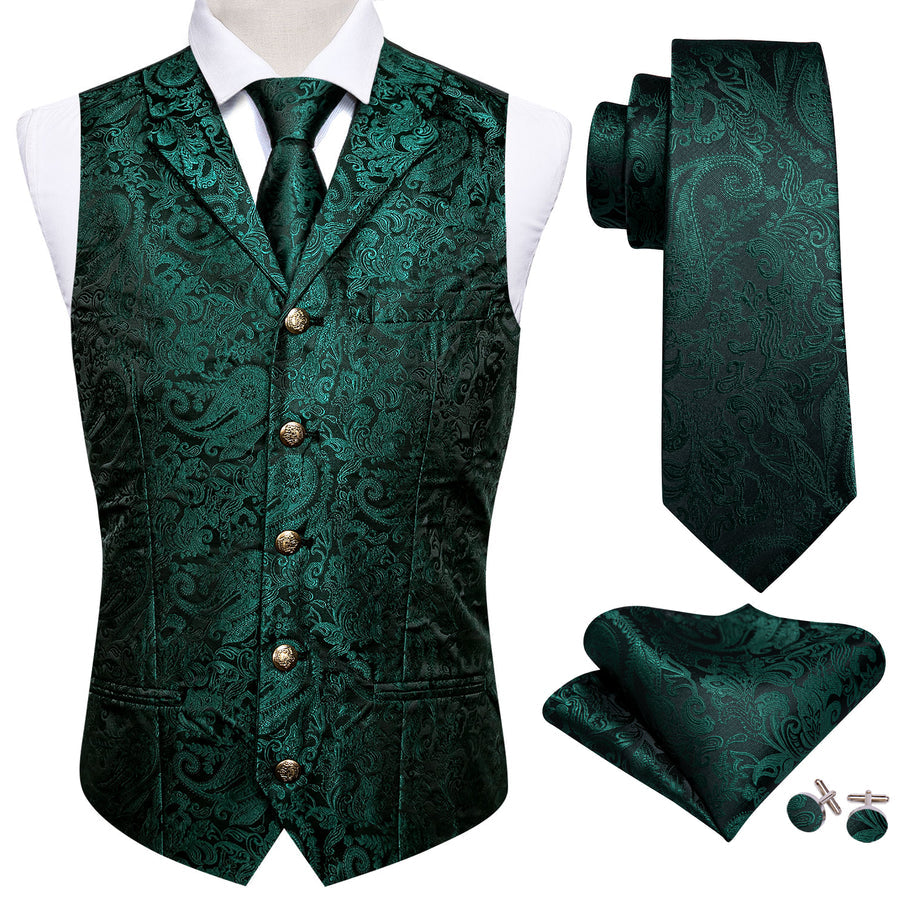 Dark Green Paisley Silk with Metal Buttons Vest Set - GentCrest - View 3