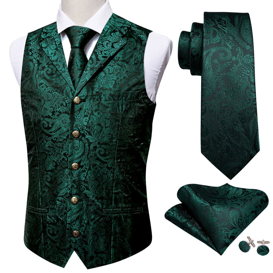 Dark Green Paisley Silk with Metal Buttons Vest Set - GentCrest - View 8