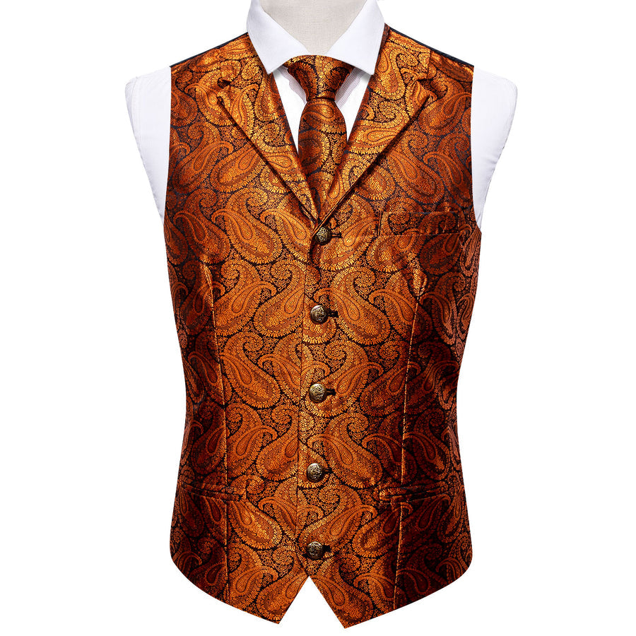 Orange Paisley Silk with Metal Buttons Vest Set - GentCrest - View 3
