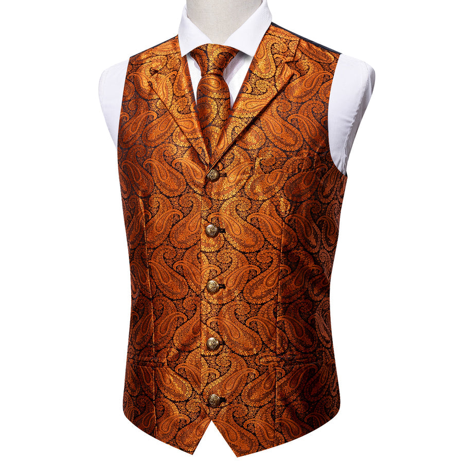 Orange Paisley Silk with Metal Buttons Vest Set - GentCrest - View 2