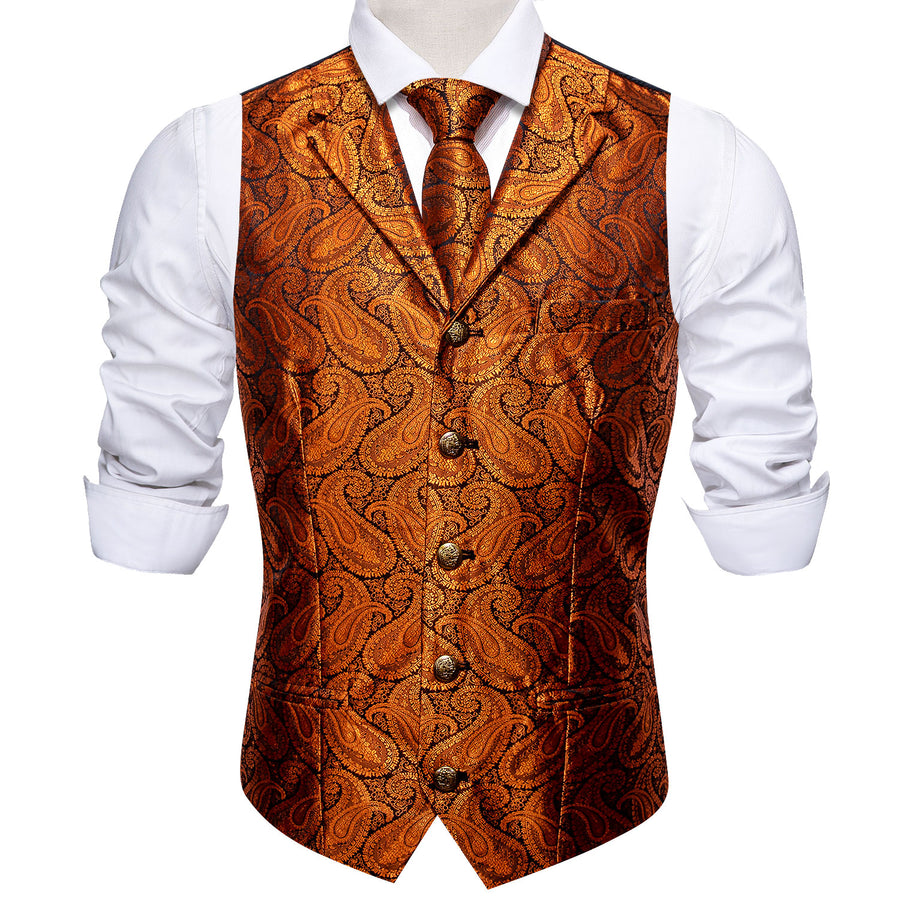 Orange Paisley Silk with Metal Buttons Vest Set - GentCrest