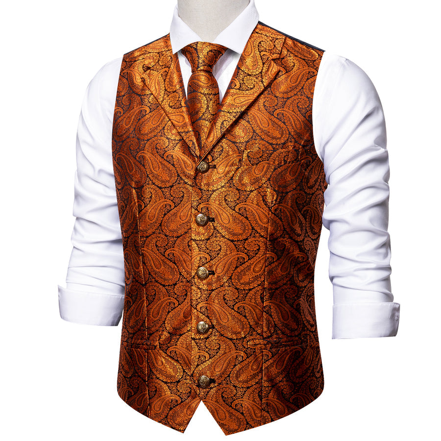 Orange Paisley Silk with Metal Buttons Vest Set - GentCrest - View 4