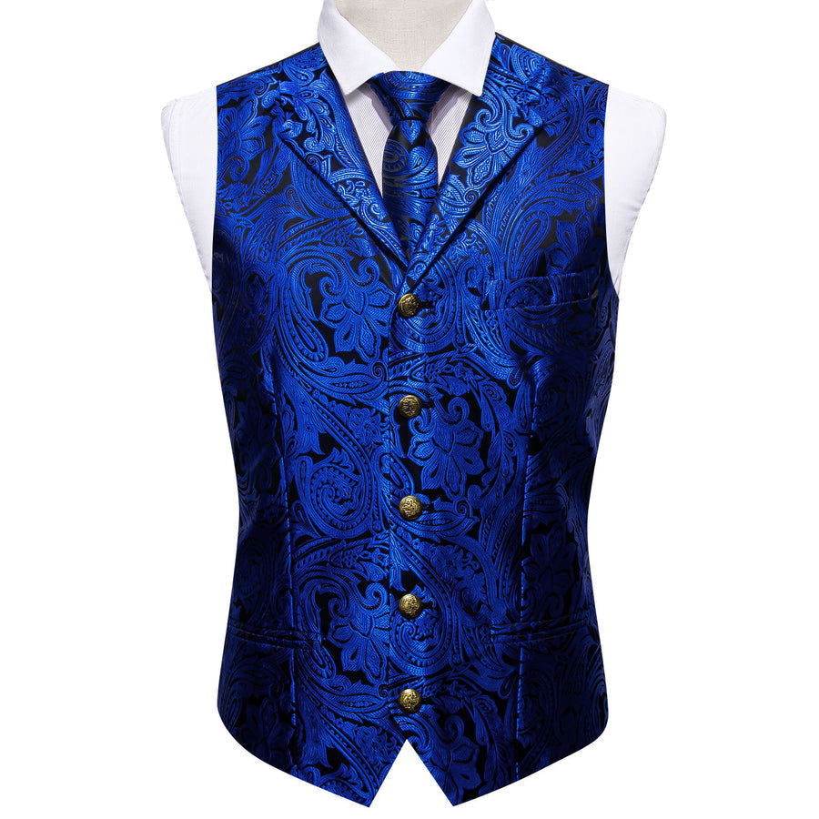 Royal Blue Paisley Jacquard Silk with Metal Accents Vest Set - GentCrest