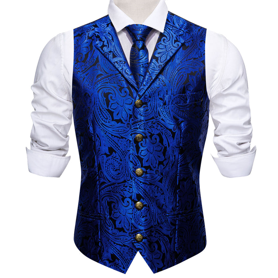 Royal Blue Paisley Jacquard Silk with Metal Accents Vest Set - GentCrest - View 3