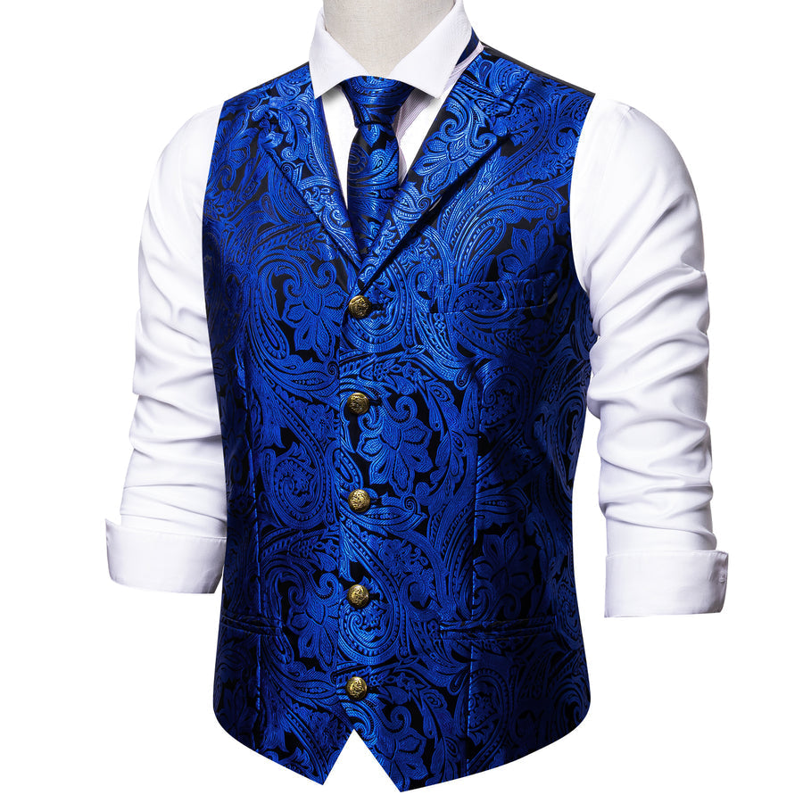 Royal Blue Paisley Jacquard Silk with Metal Accents Vest Set - GentCrest - View 2
