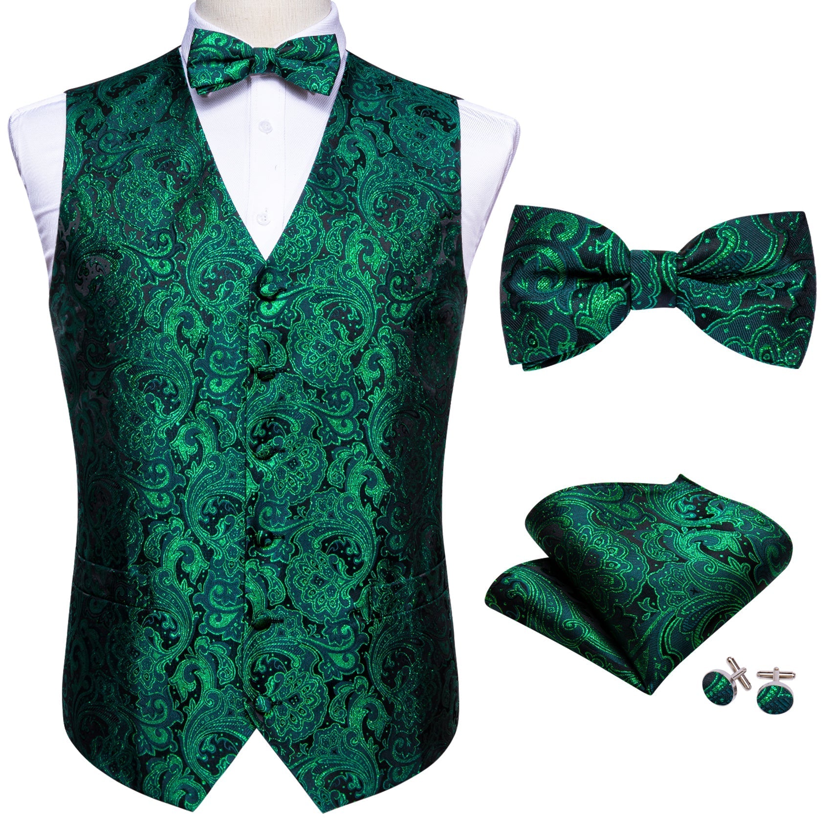 Green Sparkling Paisley Vest Set - GentCrest - View 2