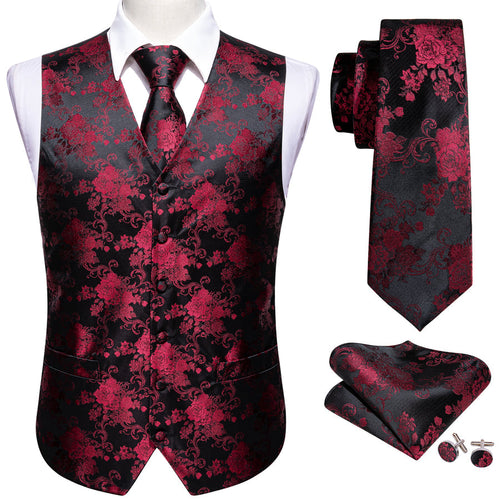 Black and Red Peony Floral Vest Set - GentCrest - View 2