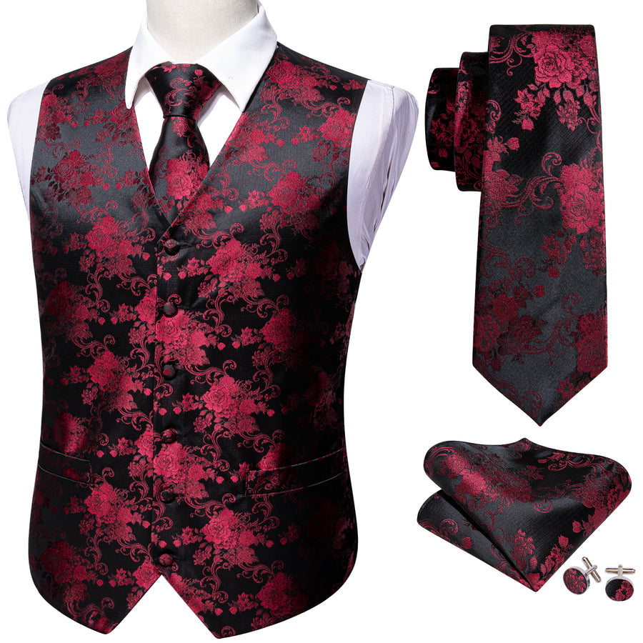 Black and Red Peony Floral Vest Set - GentCrest - View 5