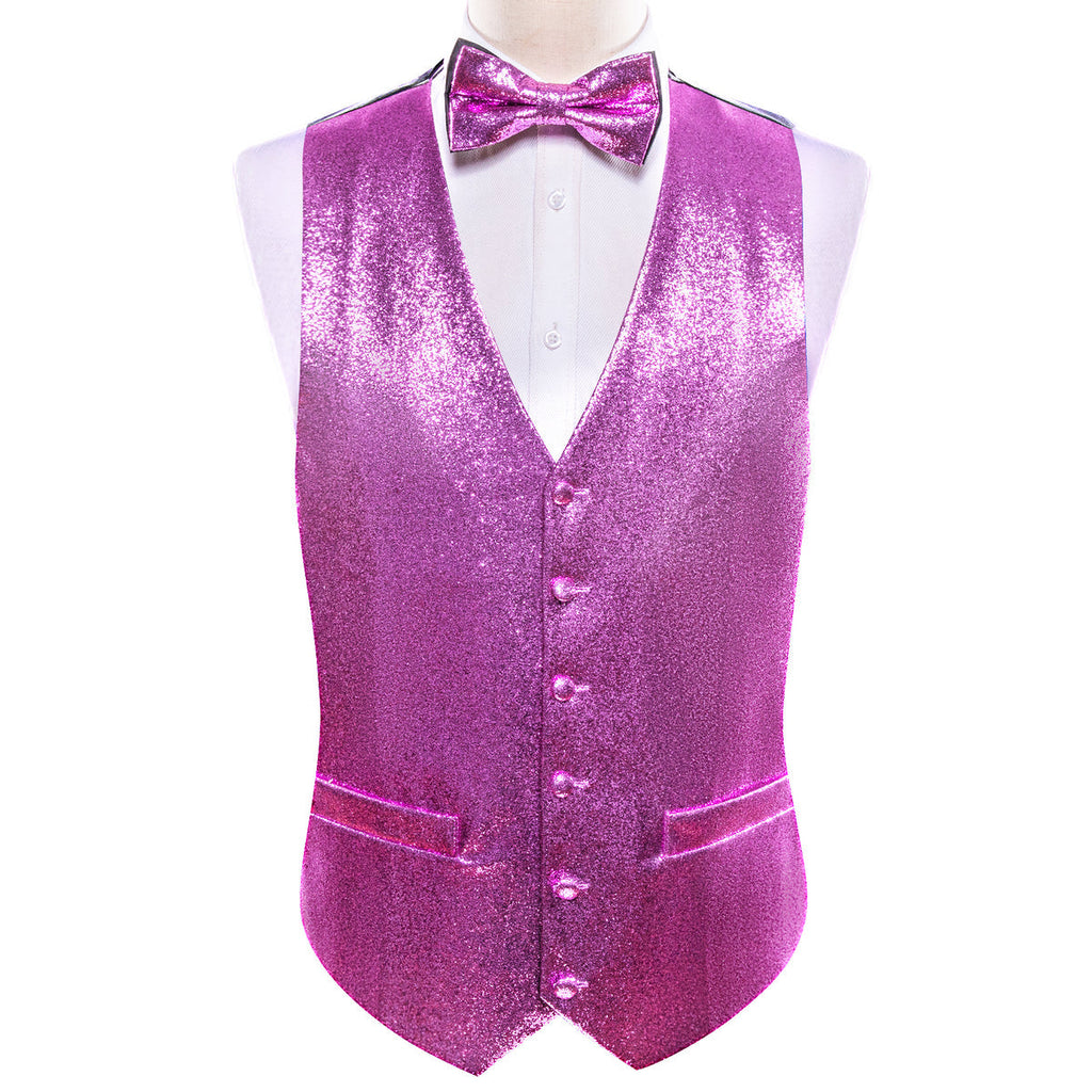 Purple Solid Shining Silk V-Neck Waistcoat Bow Tie Set - GentCrest - View 3