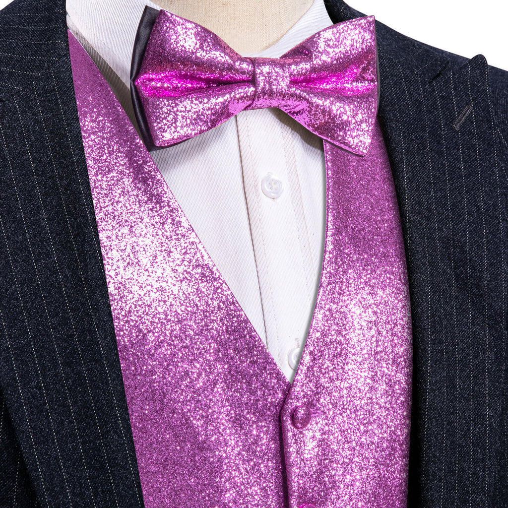 Purple Solid Shining Silk V-Neck Waistcoat Bow Tie Set - GentCrest