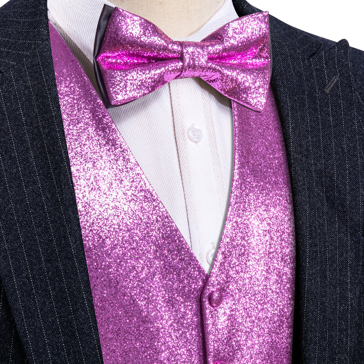 Purple Solid Shining Silk V-Neck Waistcoat Bow Tie Set - GentCrest