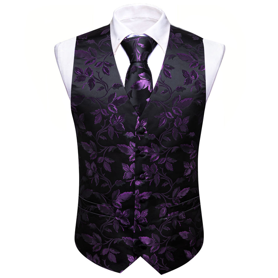 Purple and Black Floral Leaf Vest Set - GentCrest - View 2