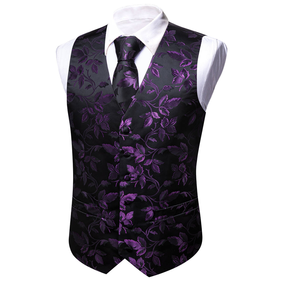 Purple and Black Floral Leaf Vest Set - GentCrest - View 3