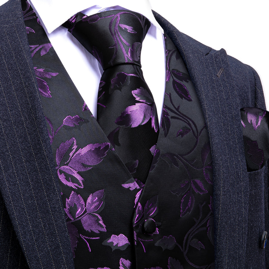 Purple and Black Floral Leaf Vest Set - GentCrest