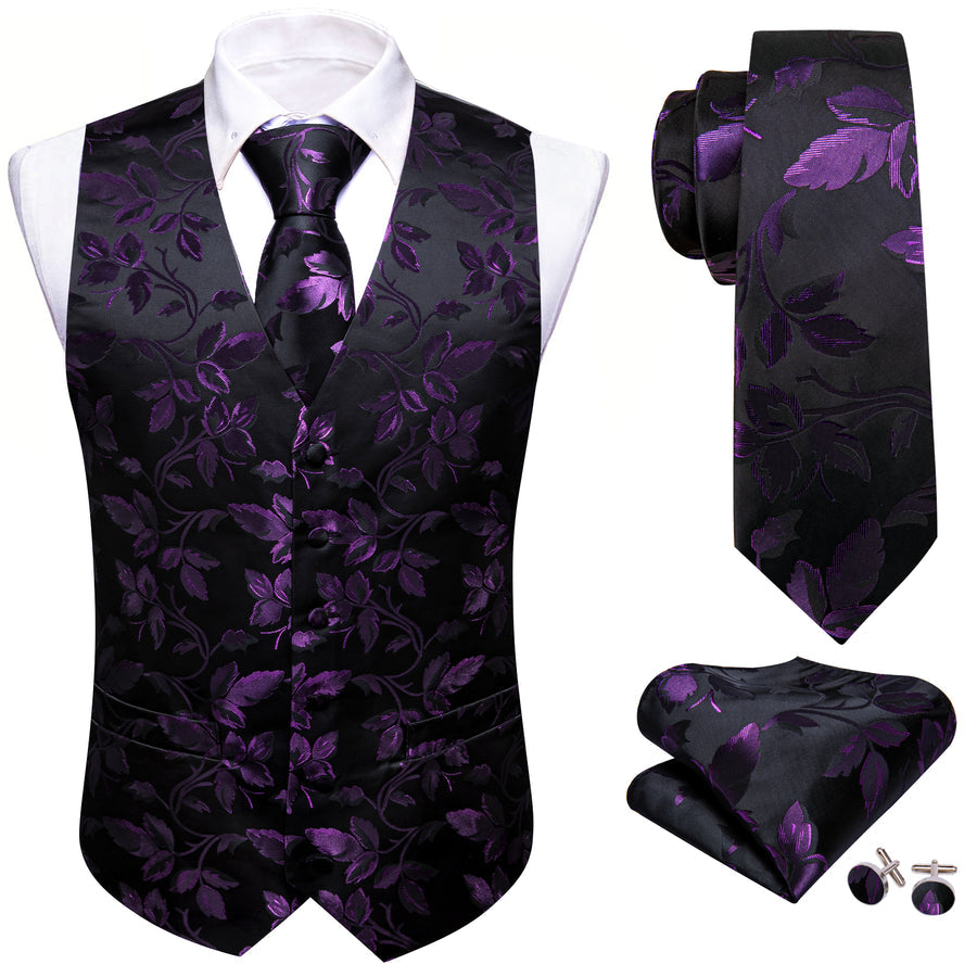 Purple and Black Floral Leaf Vest Set - GentCrest - View 4