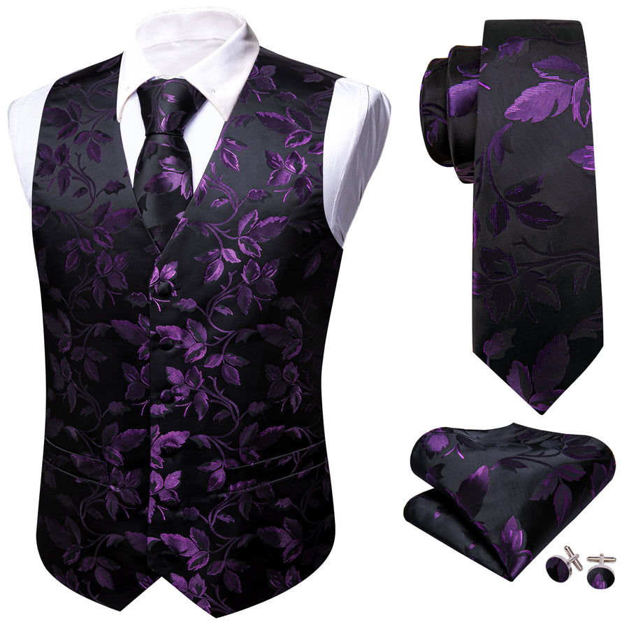 Purple and Black Floral Leaf Vest Set - GentCrest - View 5