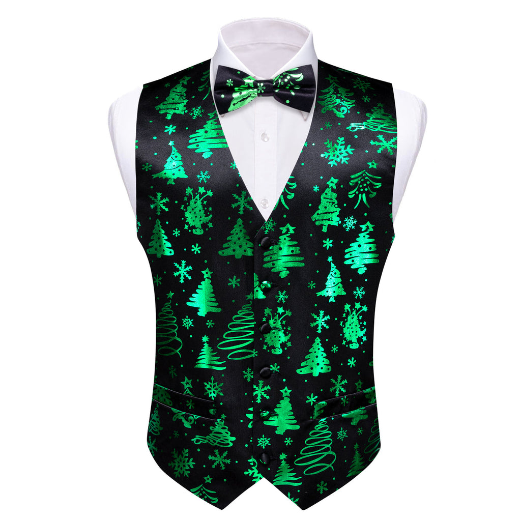 Midnight Black & Evergreen Christmas Tree Waistcoat Set Vest Set - GentCrest - View 2