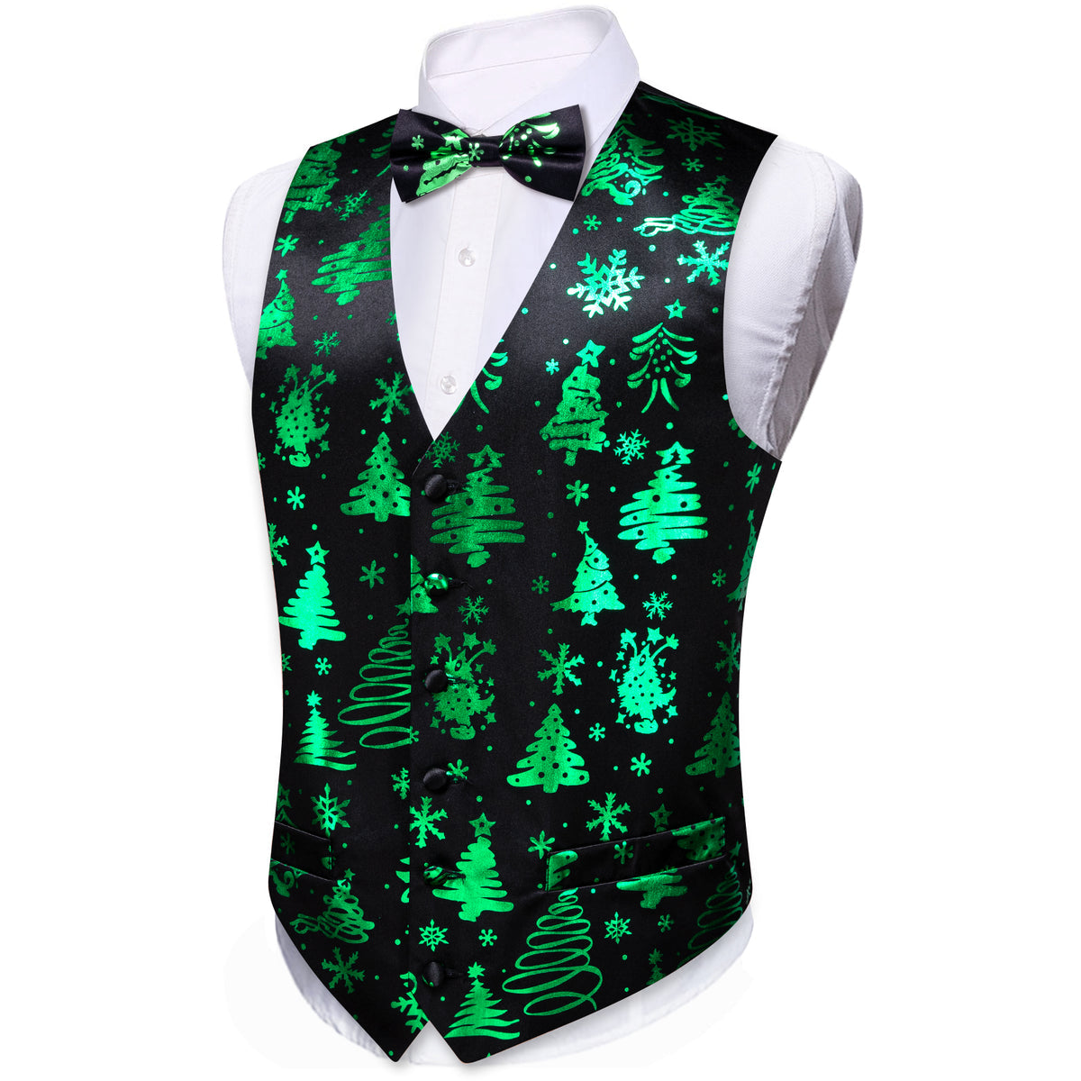Midnight Black & Evergreen Christmas Tree Waistcoat Set Vest Set - GentCrest - View 3