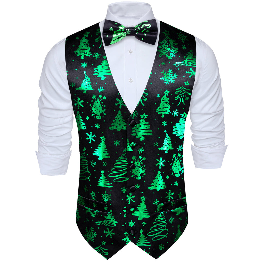 Midnight Black & Evergreen Christmas Tree Waistcoat Set Vest Set - GentCrest - View 4