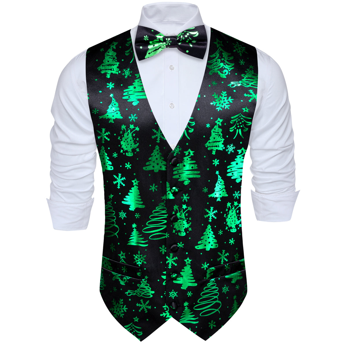 Midnight Black & Evergreen Christmas Tree Waistcoat Set Vest Set - GentCrest - View 4