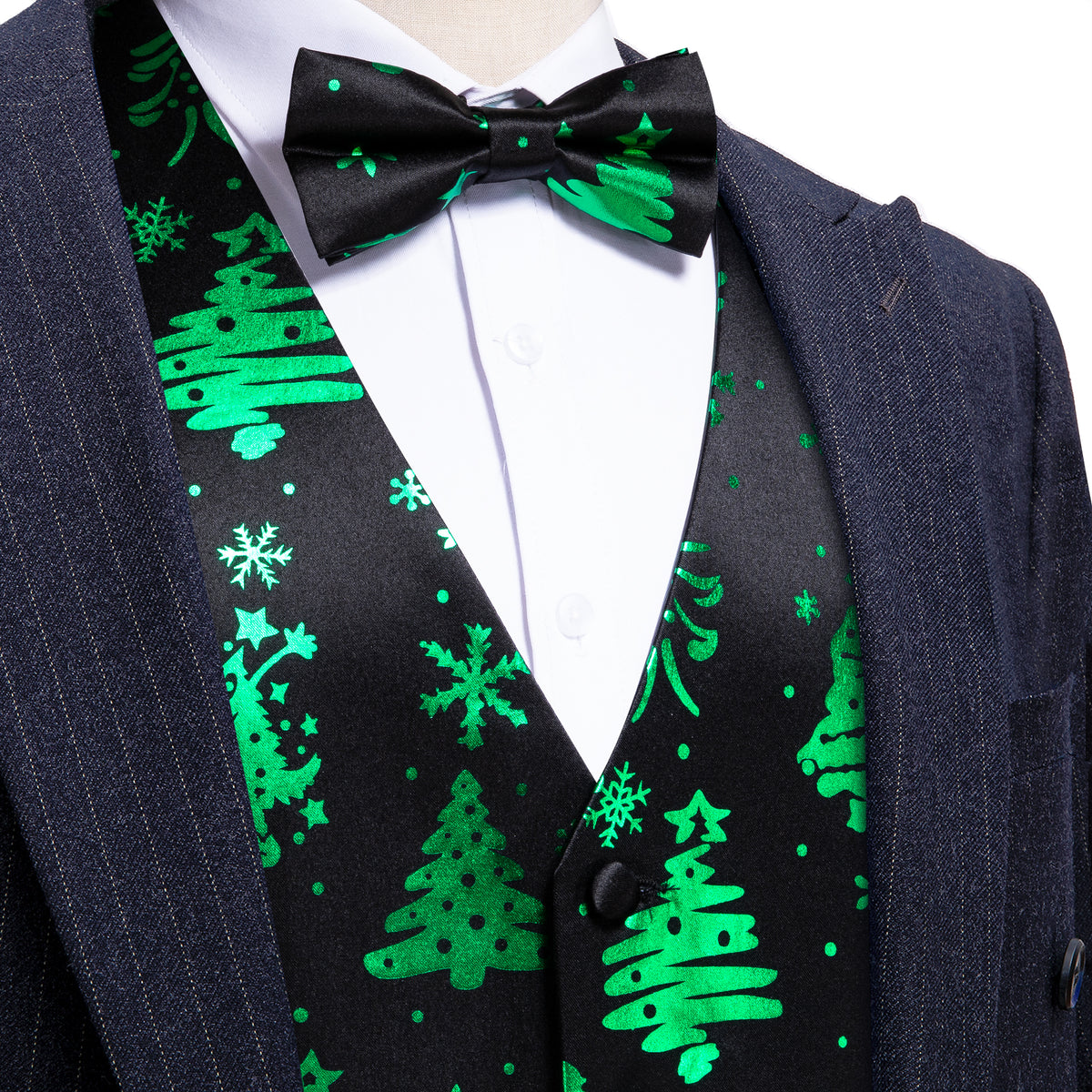 Midnight Black & Evergreen Christmas Tree Waistcoat Set Vest Set - GentCrest