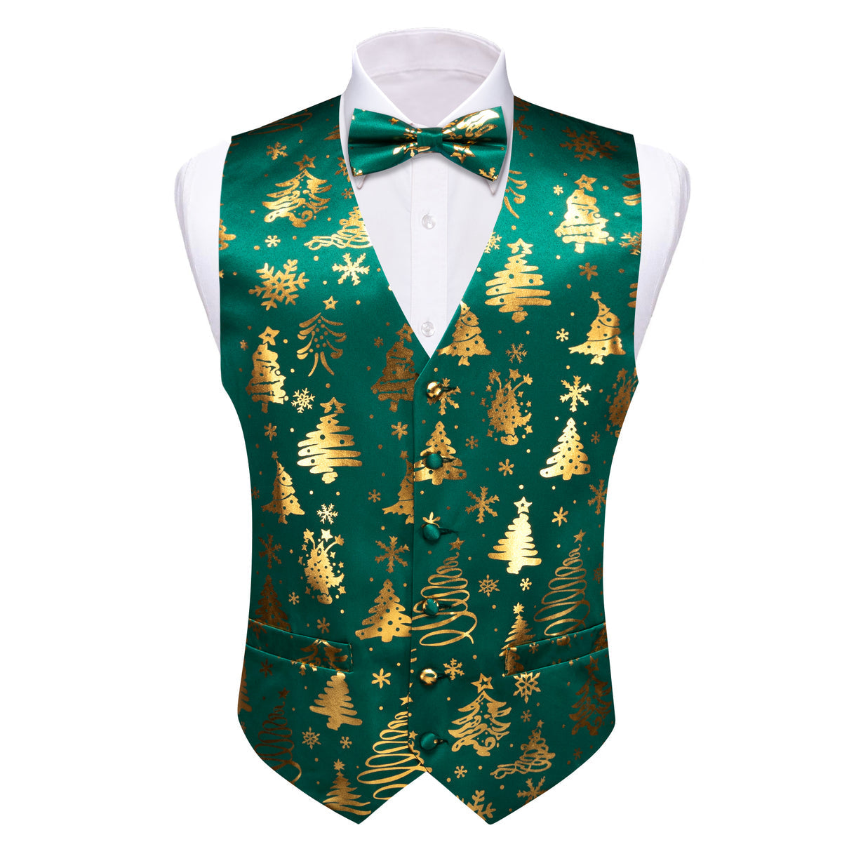 Green & Gold Christmas Tree Bow Tie Waistcoat Set Vest Set - GentCrest - View 4