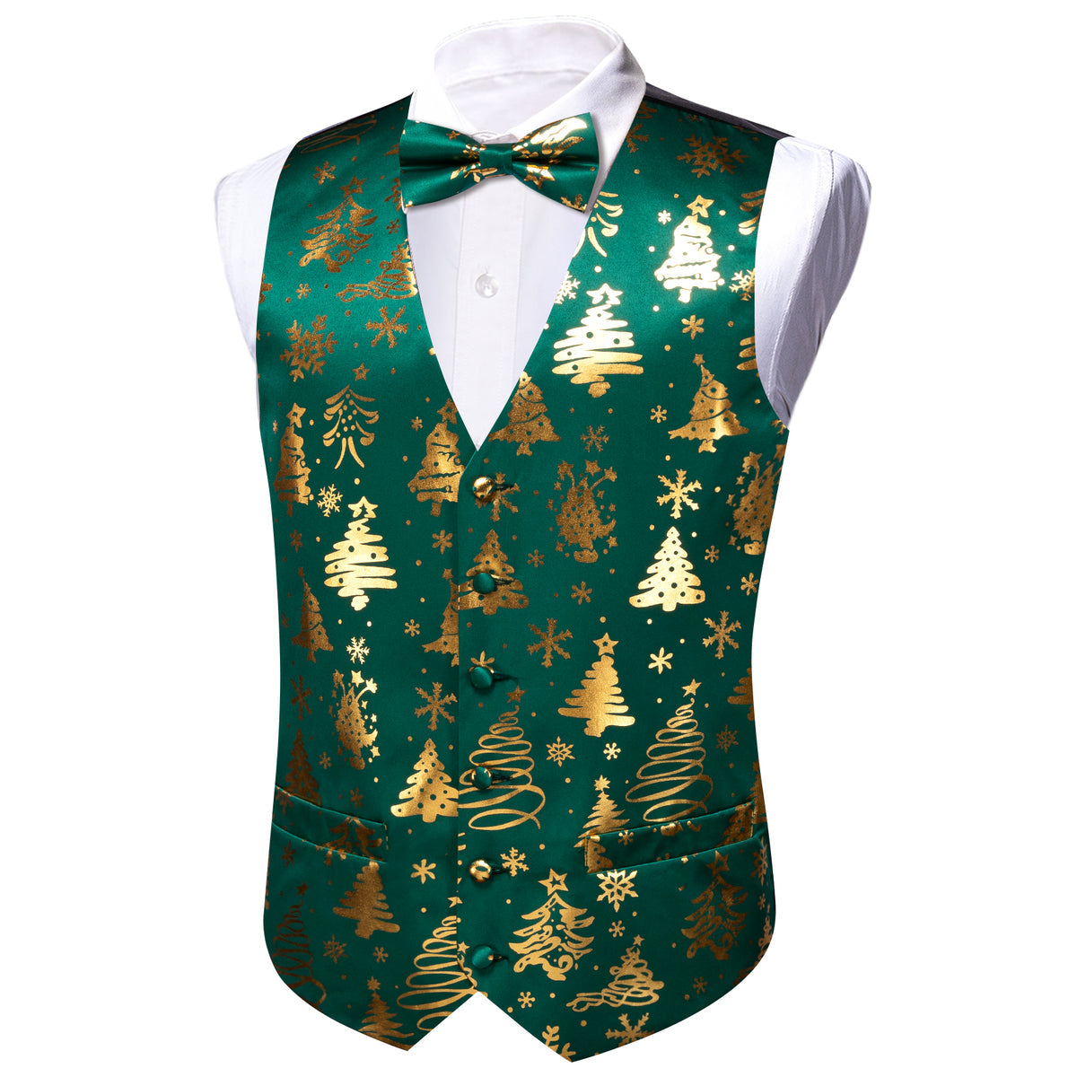 Green & Gold Christmas Tree Bow Tie Waistcoat Set Vest Set - GentCrest - View 3