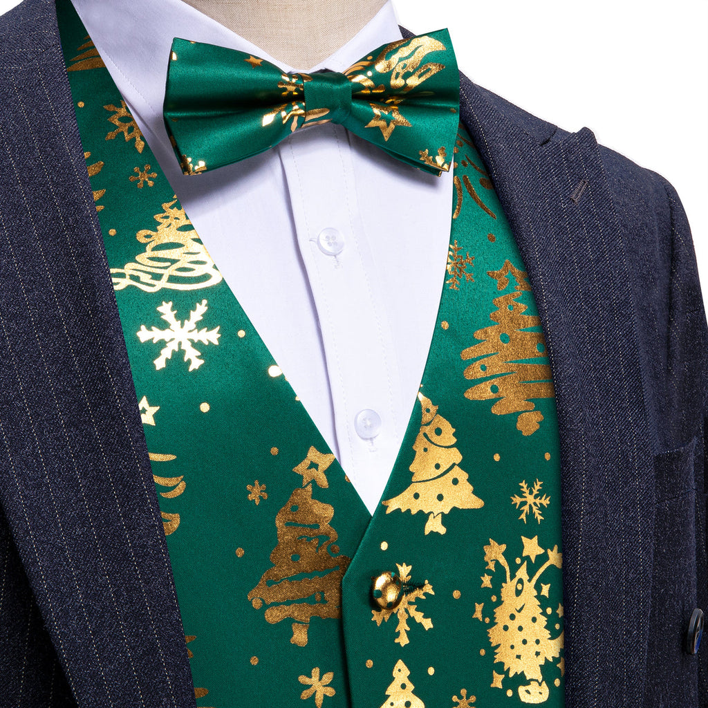 Green & Gold Christmas Tree Bow Tie Waistcoat Set Vest Set - GentCrest