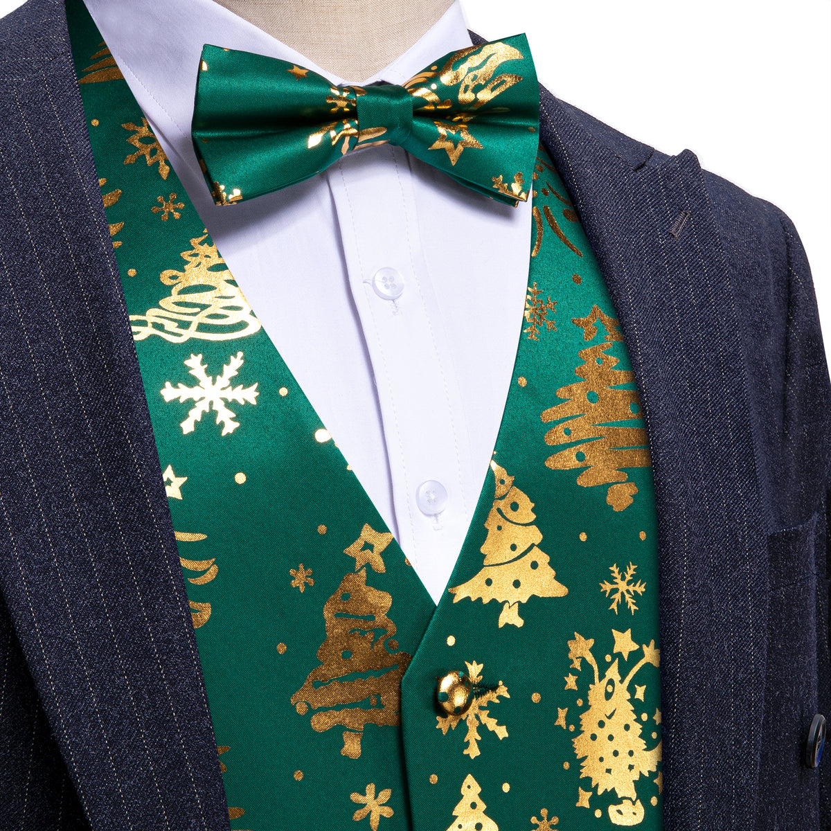 Green & Gold Christmas Tree Bow Tie Waistcoat Set Vest Set - GentCrest