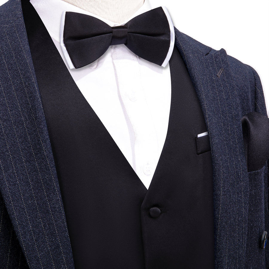Jet Black Solid Silk Bowtie Vest Set - GentCrest