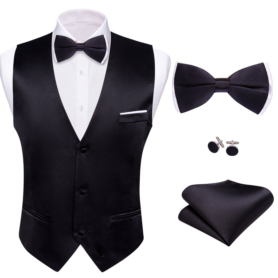 Jet Black Solid Silk Bowtie Vest Set - GentCrest - View 4
