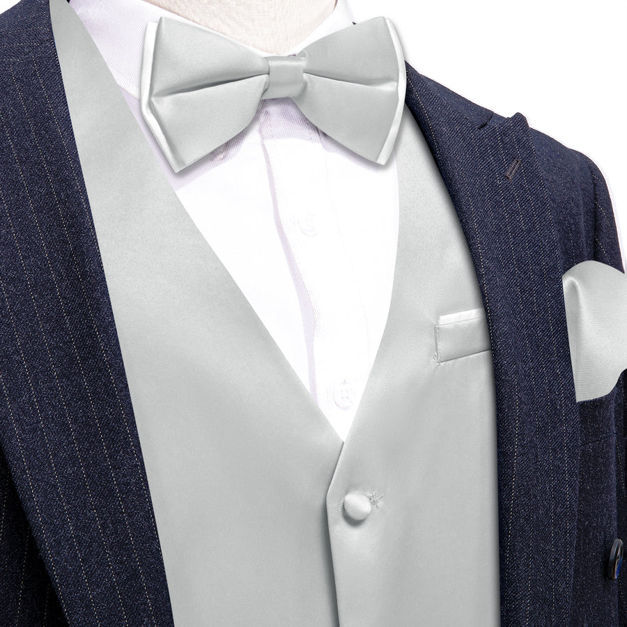 Silver Gray Solid Silk Bowtie Vest Set - GentCrest