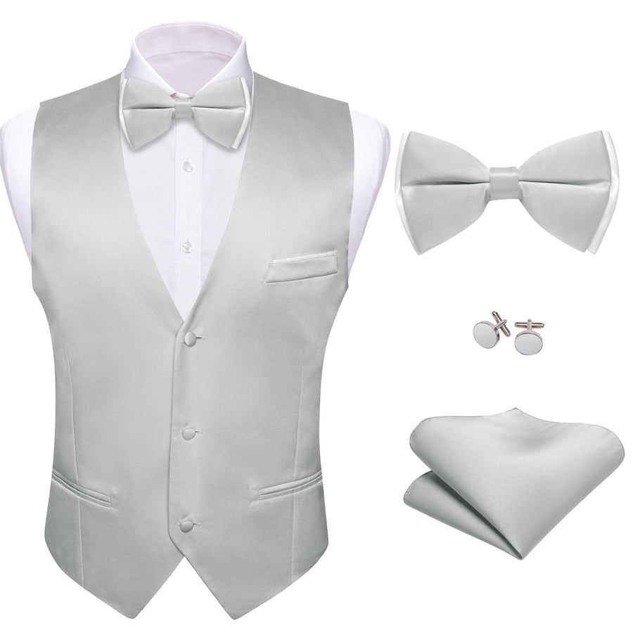 Silver Gray Solid Silk Bowtie Vest Set - GentCrest - View 4