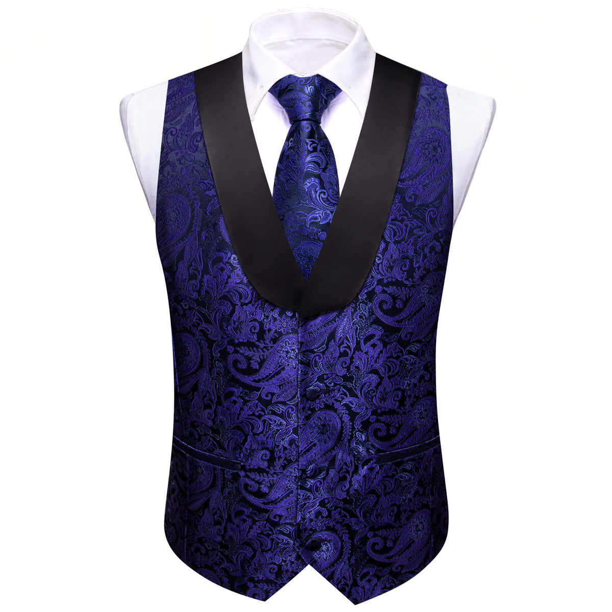 Navy Blue Paisley with Black Collar Vest Set - GentCrest
