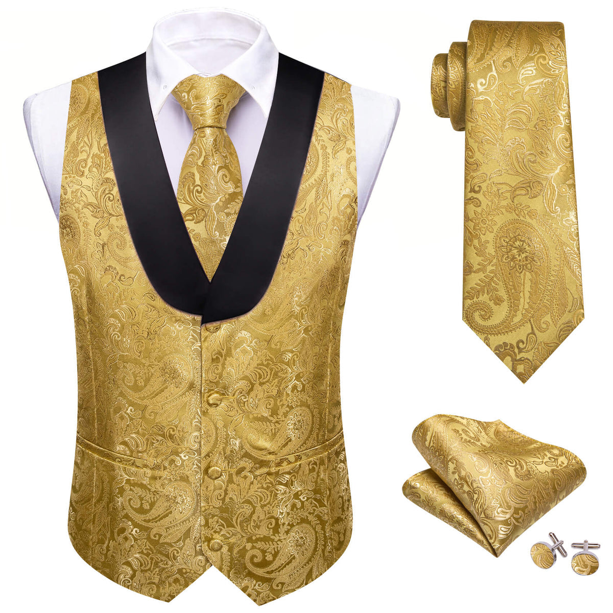 Gold Paisley with Black Collar Vest Set - GentCrest - View 2