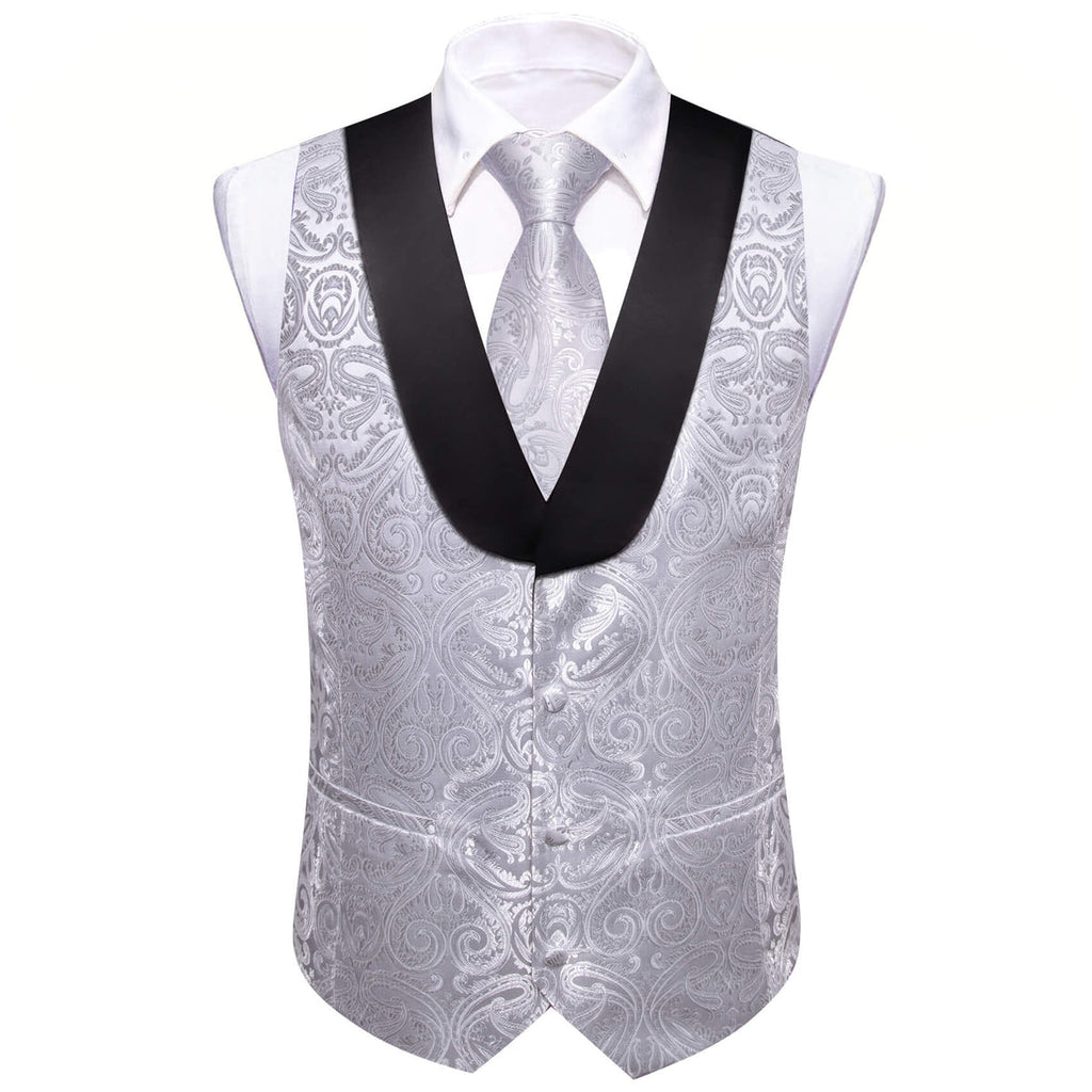 Silver Paisley with Black Collar Vest Set - GentCrest