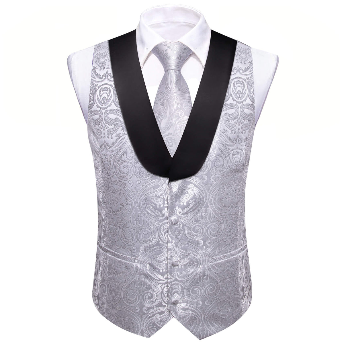 Silver Paisley with Black Collar Vest Set - GentCrest