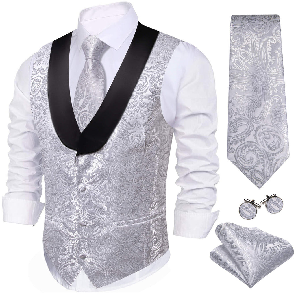 Silver Paisley with Black Collar Vest Set - GentCrest - View 2
