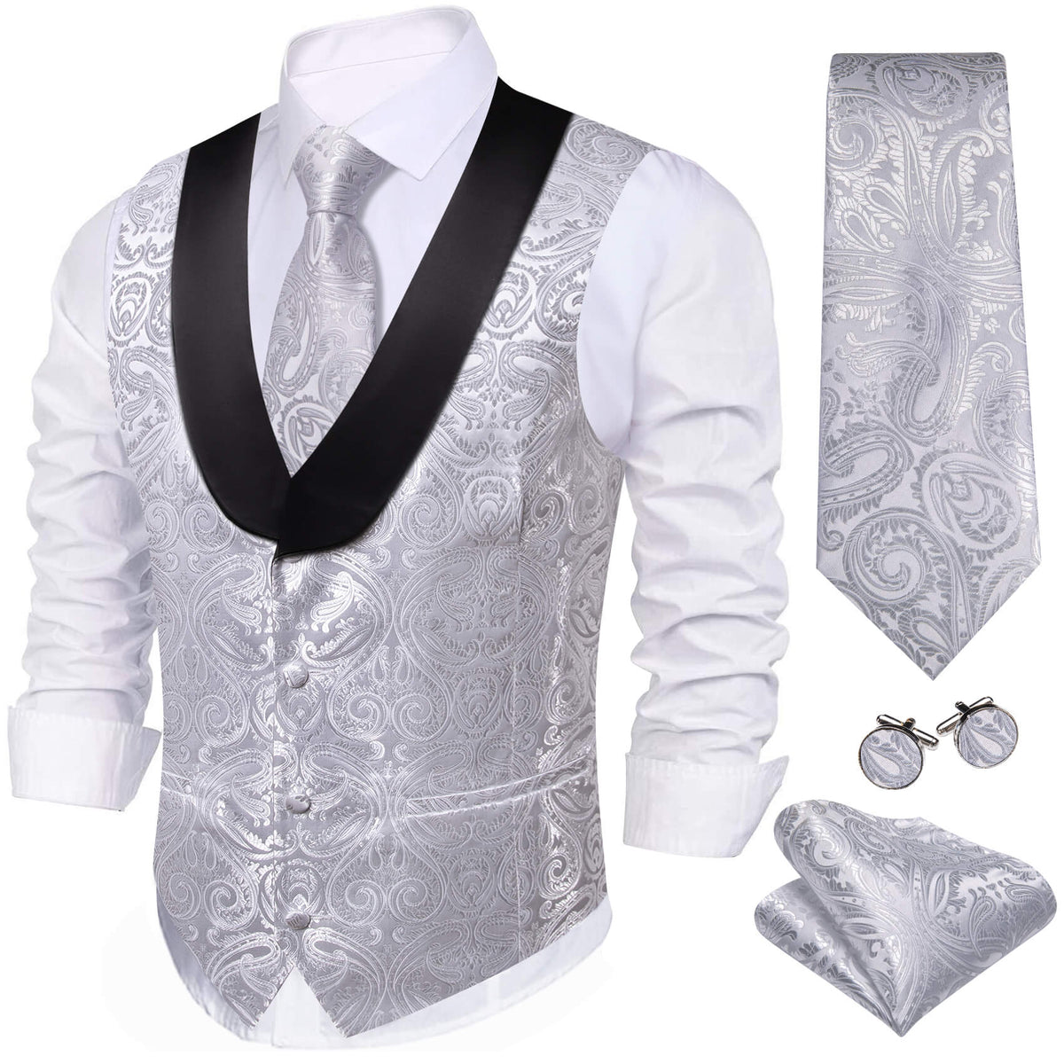 Silver Paisley with Black Collar Vest Set - GentCrest - View 2