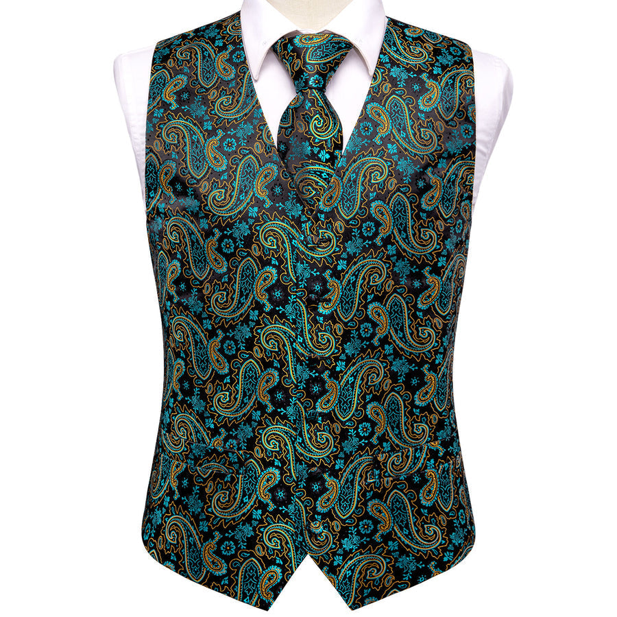 Midnight Black & Sapphire Blue Paisley Vest Set - GentCrest - View 2