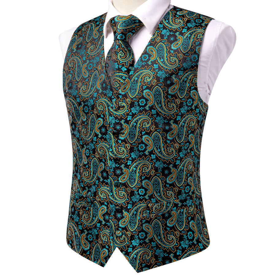 Midnight Black & Sapphire Blue Paisley Vest Set - GentCrest - View 3