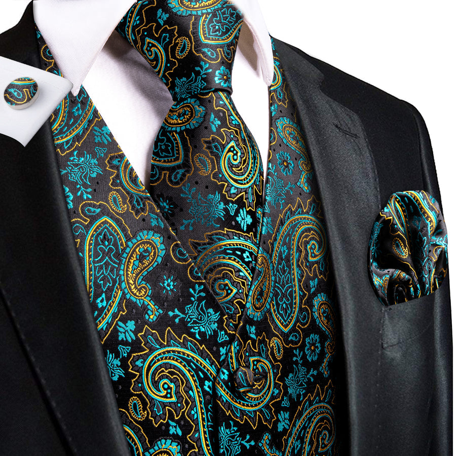 Midnight Black & Sapphire Blue Paisley Vest Set - GentCrest