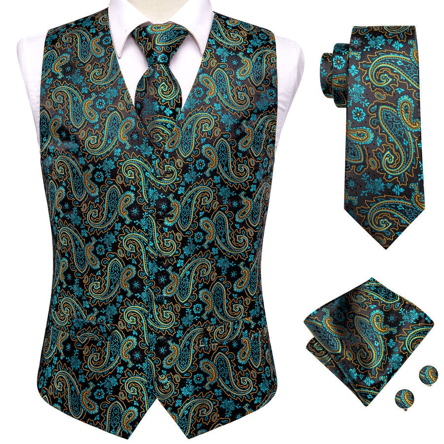 Midnight Black & Sapphire Blue Paisley Vest Set - GentCrest - View 5