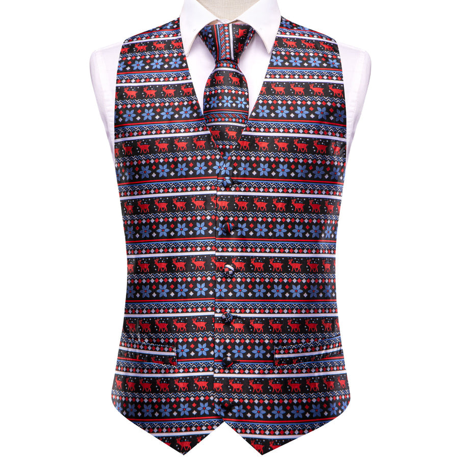 Black and Blue Jacquard Silk with Red Christmas Deer Design - 4 Piece Vest Set - GentCrest - View 2