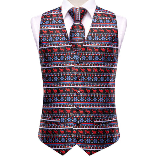 Black and Blue Jacquard Silk with Red Christmas Deer Design - 4 Piece Vest Set - GentCrest - View 2