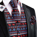 Black and Blue Jacquard Silk with Red Christmas Deer Design - 4 Piece Vest Set - GentCrest