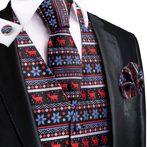 Black and Blue Jacquard Silk with Red Christmas Deer Design - 4 Piece Vest Set - GentCrest
