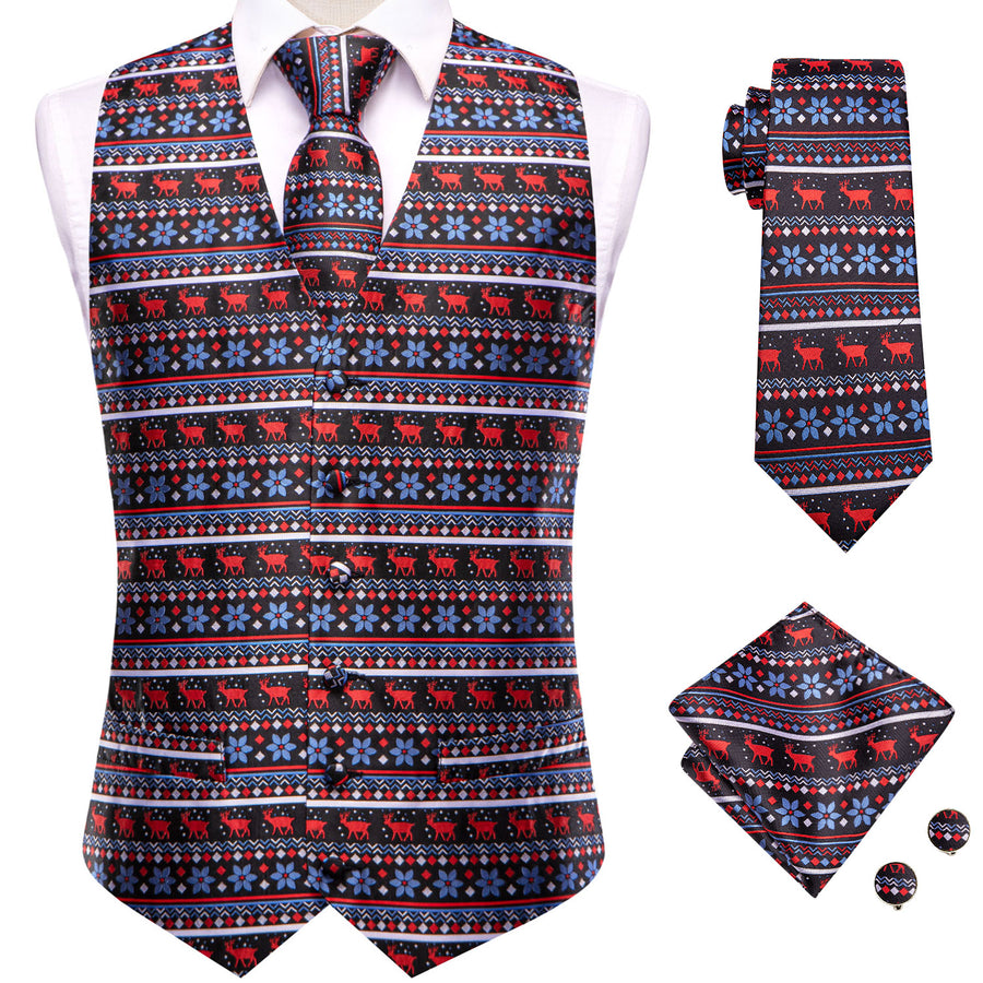 Black and Blue Jacquard Silk with Red Christmas Deer Design - 4 Piece Vest Set - GentCrest - View 3